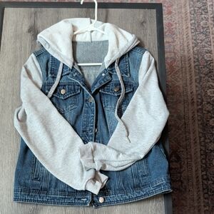Allegra K Blue Denim Jacket with Gray Sleeves and Hood